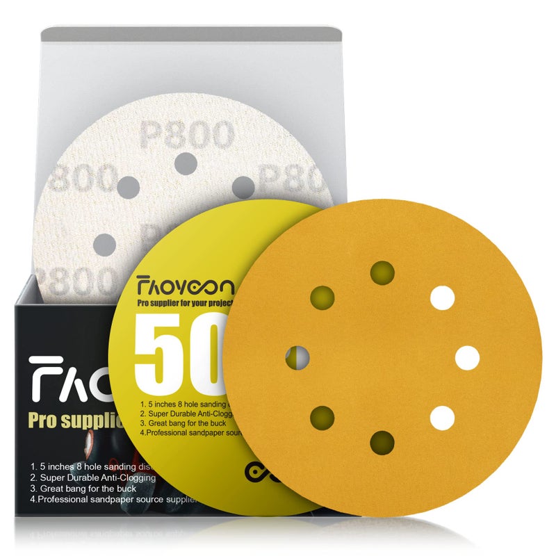 Faoyoon 5 Inch Sanding Discs Hook and Loop | 800 Grit Sandpaper | Orbital Sander Pads | Sand Paper for Automotive and Woodworking | 50 Pack - Image 1